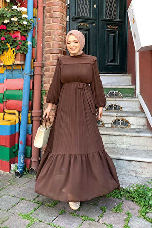 Piliseli Fırfır Görünümlü Bel Kuşaklı Şifon Elbise 3628 Kahverengi