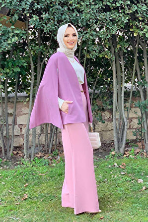 Pelerin Kol Görünümlü Düz Astarlı Ceket 7666 Gül Kurusu