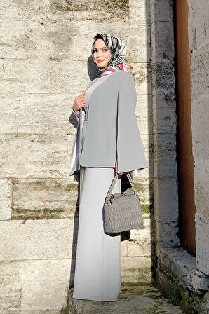 Pelerin Kol Görünümlü Düz Astarlı Ceket 7666 Gri