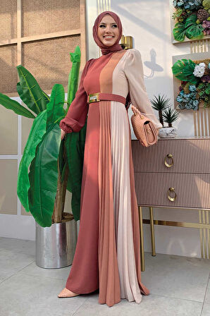 Üç Renkli Bel Kemer Pilise Detay Elbise 3622 Gül Kurusu