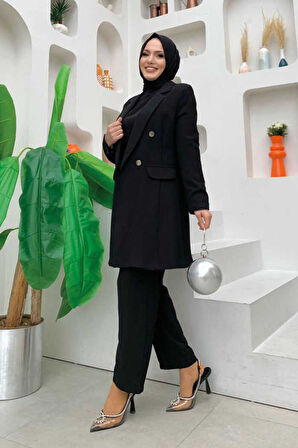 Düğme Detaylı Kısa Ceket Pantolon Takım 8352 Siyah