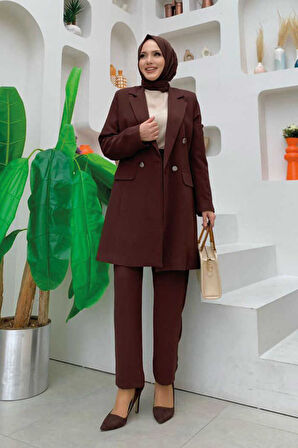 Düğme Detaylı Kısa Ceket Pantolon Takım 8352 Kahverengi