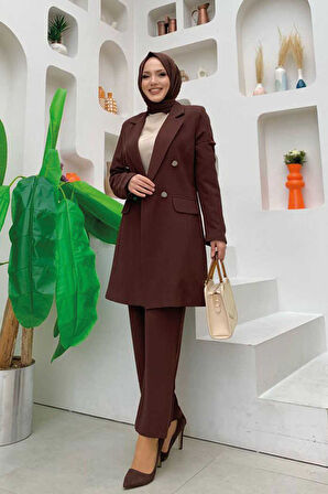 Düğme Detaylı Kısa Ceket Pantolon Takım 8352 Kahverengi