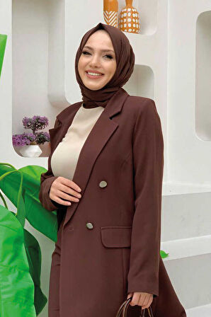 Düğme Detaylı Kısa Ceket Pantolon Takım 8352 Kahverengi