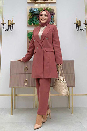 Düğme Detaylı Kısa Ceket Pantolon Takım 8352 Gül Kurusu