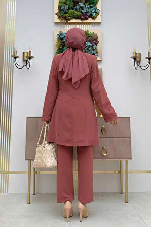 Düğme Detaylı Kısa Ceket Pantolon Takım 8352 Gül Kurusu