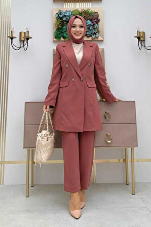 Düğme Detaylı Kısa Ceket Pantolon Takım 8352 Gül Kurusu