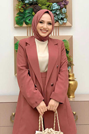 Düğme Detaylı Kısa Ceket Pantolon Takım 8352 Gül Kurusu