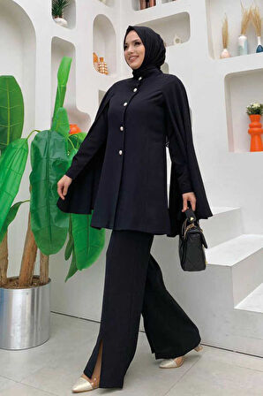 Pelerinli Düğme Detay Ceket ve Pantolon Takım 8354 Siyah