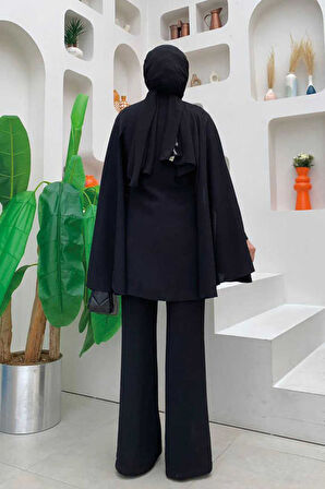 Pelerinli Düğme Detay Ceket ve Pantolon Takım 8354 Siyah