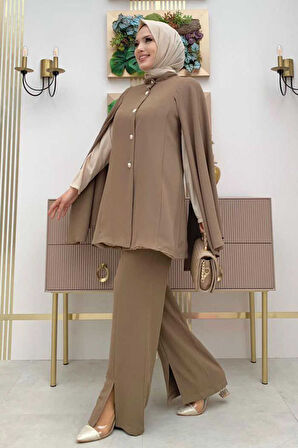 Pelerinli Düğme Detay Ceket ve Pantolon Takım 8354 Vizon