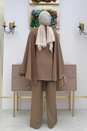 Pelerinli Düğme Detay Ceket ve Pantolon Takım 8354 Vizon