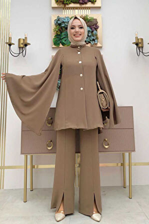 Pelerinli Düğme Detay Ceket ve Pantolon Takım 8354 Vizon