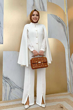 Pelerinli Düğme Detay Ceket ve Pantolon Takım 8354 Ekru