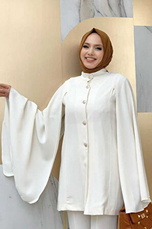 Pelerinli Düğme Detay Ceket ve Pantolon Takım 8354 Ekru