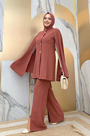 Pelerinli Düğme Detay Ceket ve Pantolon Takım 8354 Gül Kurusu