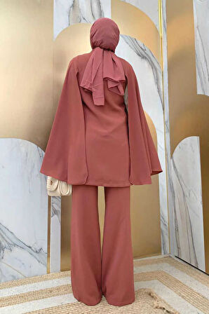 Pelerinli Düğme Detay Ceket ve Pantolon Takım 8354 Gül Kurusu