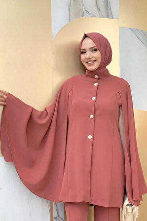 Pelerinli Düğme Detay Ceket ve Pantolon Takım 8354 Gül Kurusu