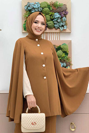 Pelerinli Düğme Detay Ceket ve Pantolon Takım 8354 Taba