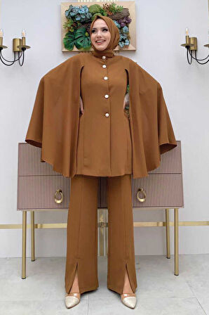 Pelerinli Düğme Detay Ceket ve Pantolon Takım 8354 Taba