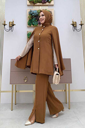 Pelerinli Düğme Detay Ceket ve Pantolon Takım 8354 Taba