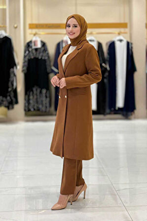 Cep ve Düğme Görünümlü Uzun Ceket Pantolon Takım 8357 Taba