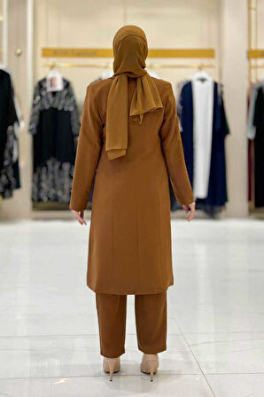 Cep ve Düğme Görünümlü Uzun Ceket Pantolon Takım 8357 Taba