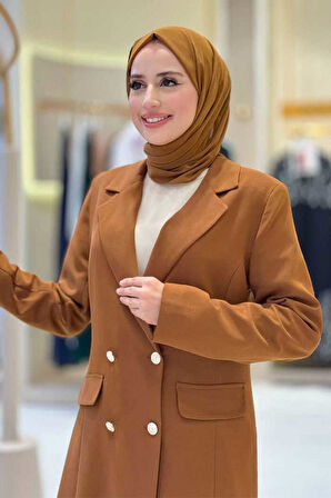 Cep ve Düğme Görünümlü Uzun Ceket Pantolon Takım 8357 Taba