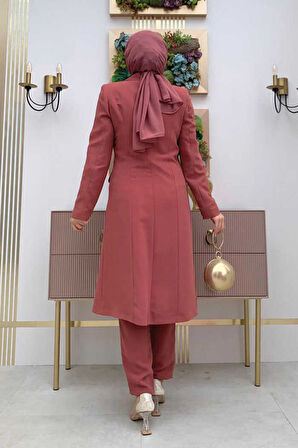 Cep ve Düğme Görünümlü Uzun Ceket Pantolon Takım 8357 Gül Kurusu