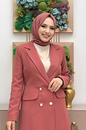 Cep ve Düğme Görünümlü Uzun Ceket Pantolon Takım 8357 Gül Kurusu