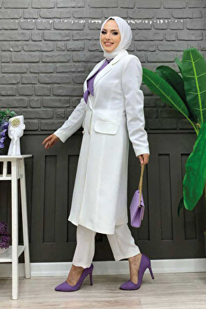 Cep ve Düğme Görünümlü Uzun Ceket Pantolon Takım 8357 Ekru