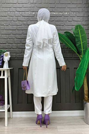 Cep ve Düğme Görünümlü Uzun Ceket Pantolon Takım 8357 Ekru