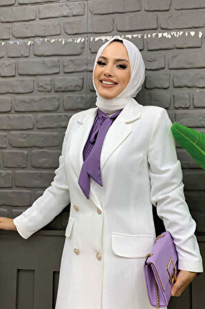 Cep ve Düğme Görünümlü Uzun Ceket Pantolon Takım 8357 Ekru