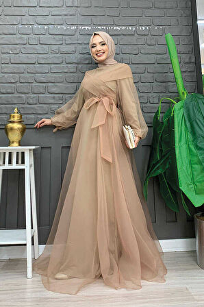 Omuz Şerit Detay Bel Bağlamalı Tül Abiye Elbise 3964 Vizon