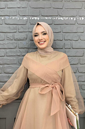 Omuz Şerit Detay Bel Bağlamalı Tül Abiye Elbise 3964 Vizon