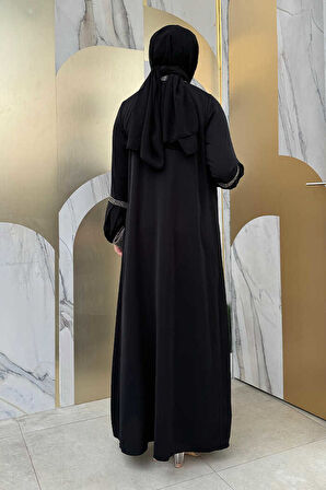 Taş Detaylı Abaya Sıfır Kol Elbise Takım 3657 Siyah