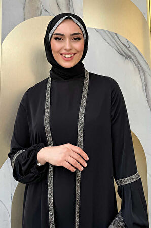 Taş Detaylı Abaya Sıfır Kol Elbise Takım 3657 Siyah