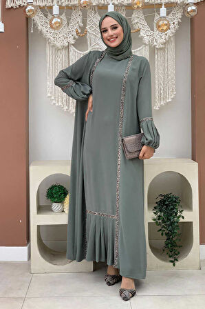 Taş Detaylı Abaya Sıfır Kol Elbise Takım 3657 Mint
