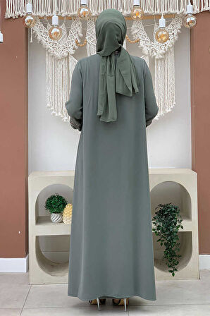 Taş Detaylı Abaya Sıfır Kol Elbise Takım 3657 Mint