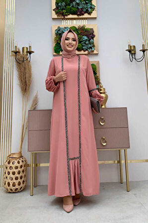 Taş Detaylı Abaya Sıfır Kol Elbise Takım 3657 Pudra