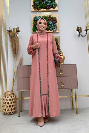 Taş Detaylı Abaya Sıfır Kol Elbise Takım 3657 Pudra