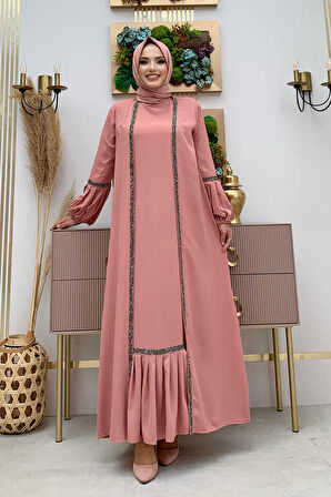 Taş Detaylı Abaya Sıfır Kol Elbise Takım 3657 Pudra
