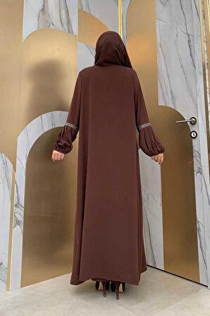 Taş Detaylı Abaya Sıfır Kol Elbise Takım 3657 Kahverengi
