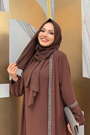 Taş Detaylı Abaya Sıfır Kol Elbise Takım 3657 Kahverengi