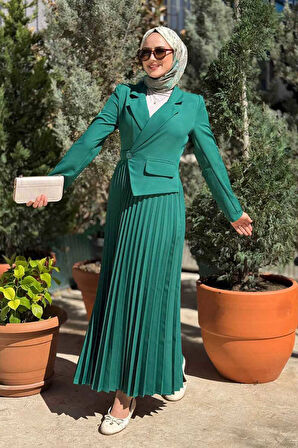 Ceket Görünümlü Eteği Piliseli Elbise 3700 Zümrüt