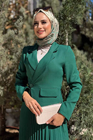 Ceket Görünümlü Eteği Piliseli Elbise 3700 Zümrüt