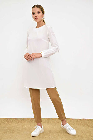 Kol Manşetleri Düğmeli Bisiklet Yaka Uzun Tunik 2649 Ekru