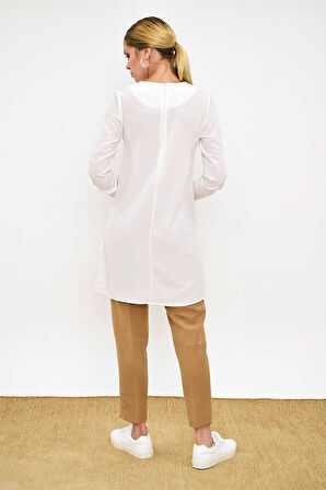 Kol Manşetleri Düğmeli Bisiklet Yaka Uzun Tunik 2649 Ekru