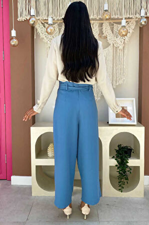 Fermuarlı Bel Bağcıklı Pantolon 0174 Mavi