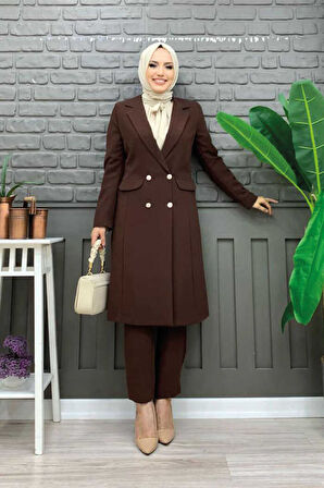 Cep ve Düğme Görünümlü Uzun Ceket Pantolon Takım 8357 Kahverengi